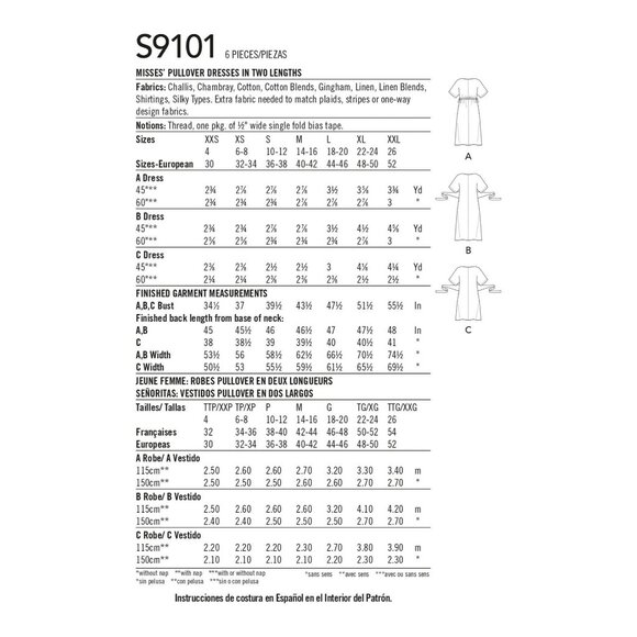Simplicity Sewing Pattern S9101 Misses Pullover Dresses Two Lengths Size XXS-XXL - Picture 2 of 4